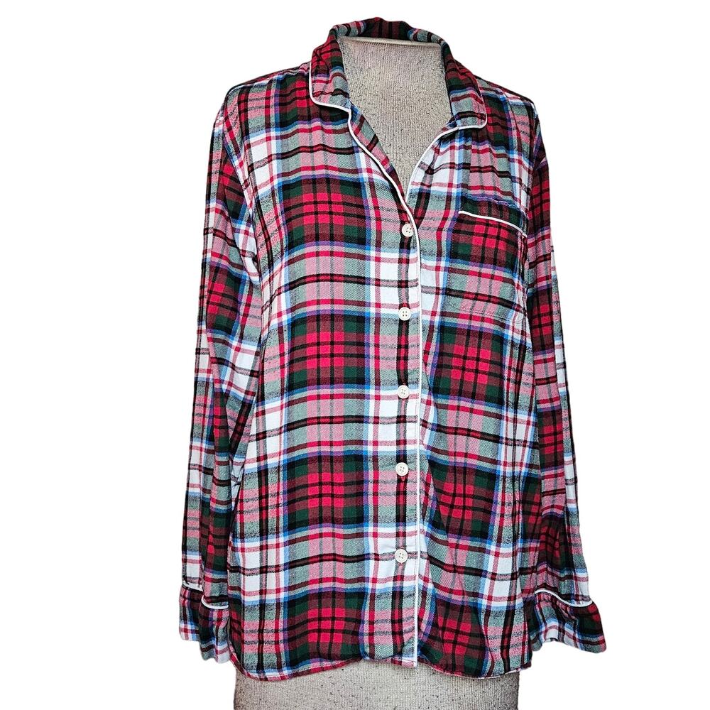 Lands' End Red Cotton Plaid Flannel Button Up Top Size Medium